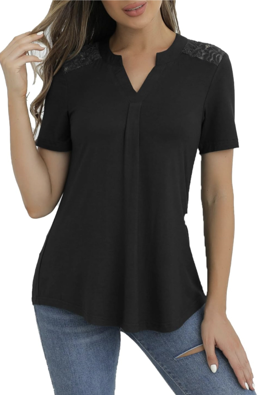 CiCiBird Blouse Size XL Black Lace Detail Short Sleeve Dressy Top Office Casual